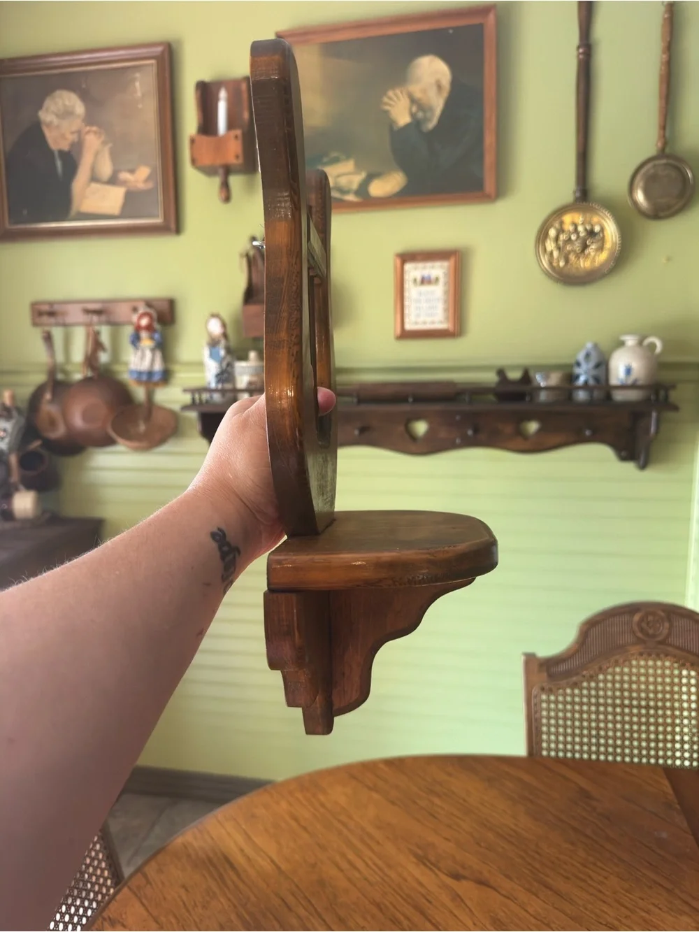 Vintage Rustic Lyre-Style Wooden Wall Shelf & Plate Holder Set